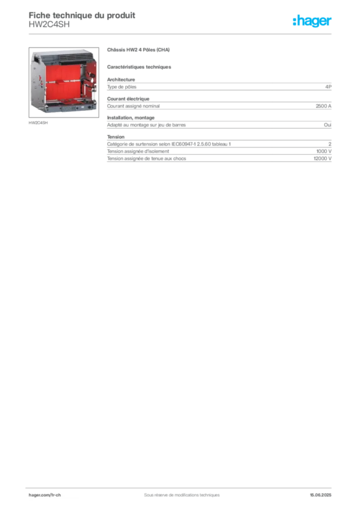 Image Hager Fiche technique du produit HW2C4SH | Hager Suisse