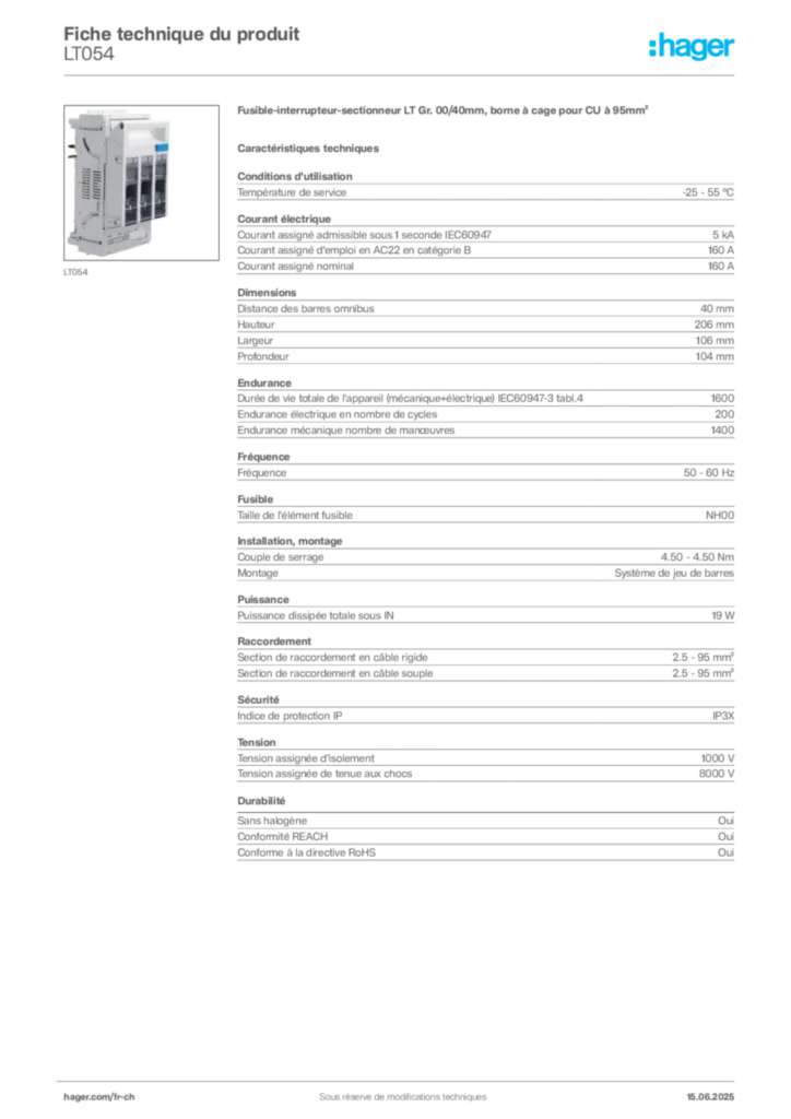 Image Hager Fiche technique du produit LT054 | Hager Suisse