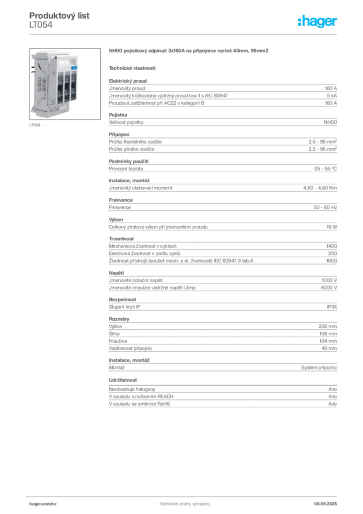 Obrázek Hager Produktový list LT054 | Hager