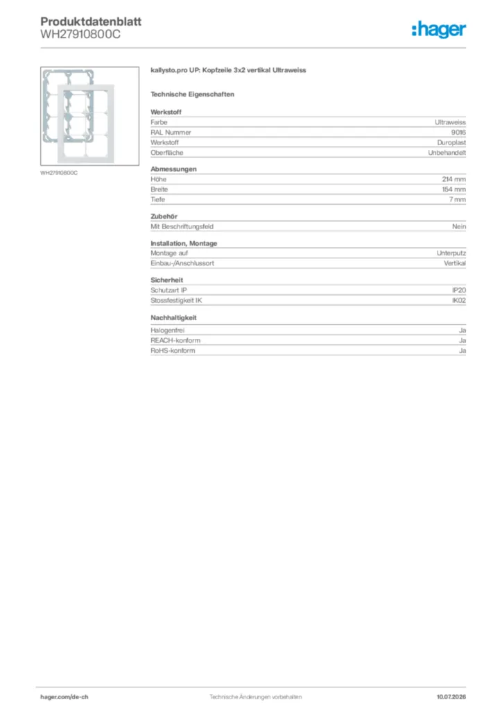 Bild Hager Produktdatenblatt WH27910800C | Hager Schweiz