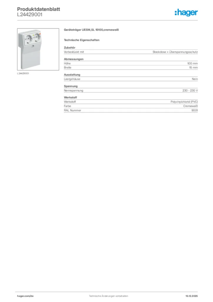 Bild Hager Produktdatenblatt L24429001 | Hager Deutschland