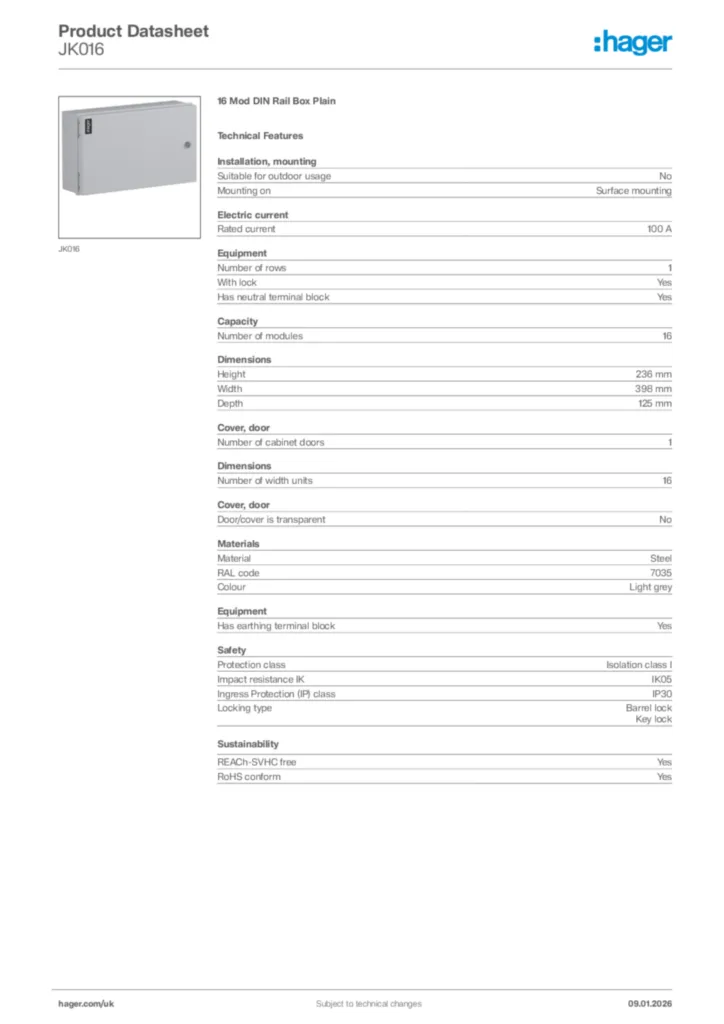 Image Hager Product data sheet JK016  | Hager