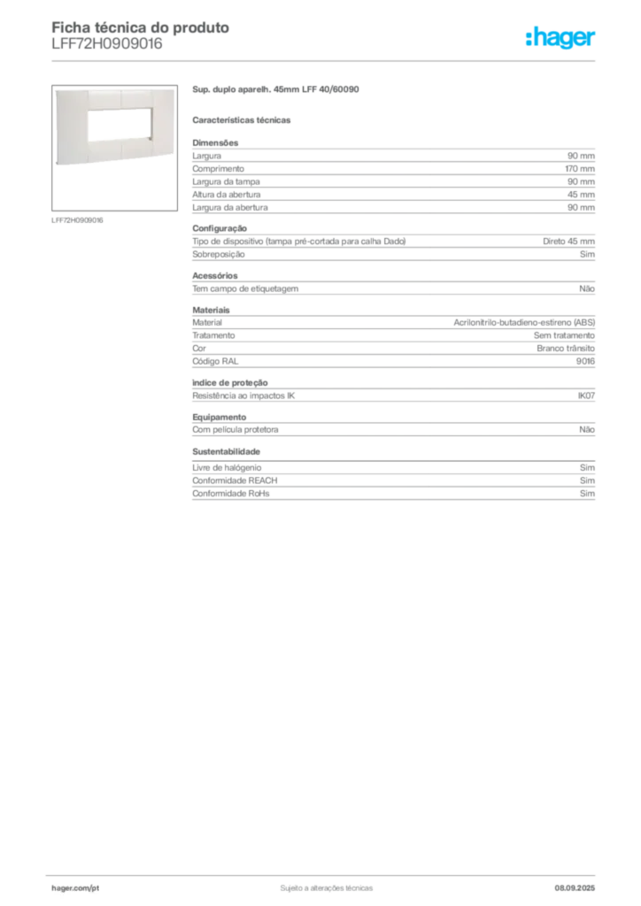 Imagem Hager Ficha técnica do produto LFF72H0909016 | Hager Portugal