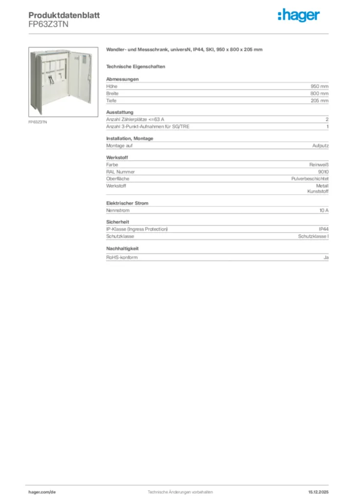 Bild Hager Produktdatenblatt FP63Z3TN | Hager Deutschland