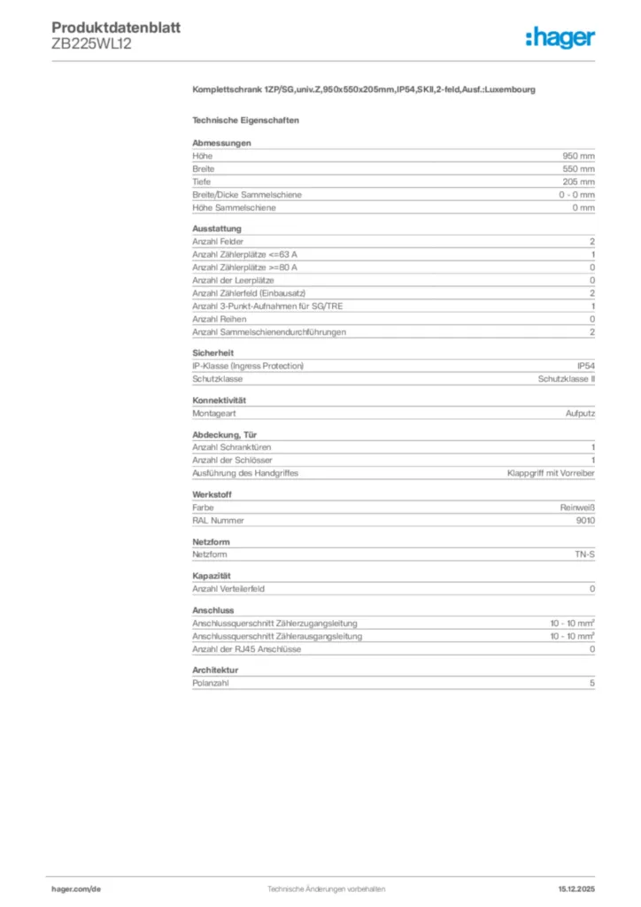 Bild Hager Produktdatenblatt ZB225WL12 | Hager Deutschland