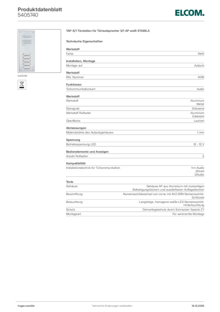 Bild Elcom Produktdatenblatt 5405740 | Hager Deutschland
