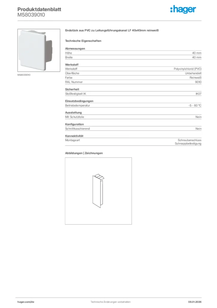 Bild Hager Produktdatenblatt M58039010 | Hager Deutschland