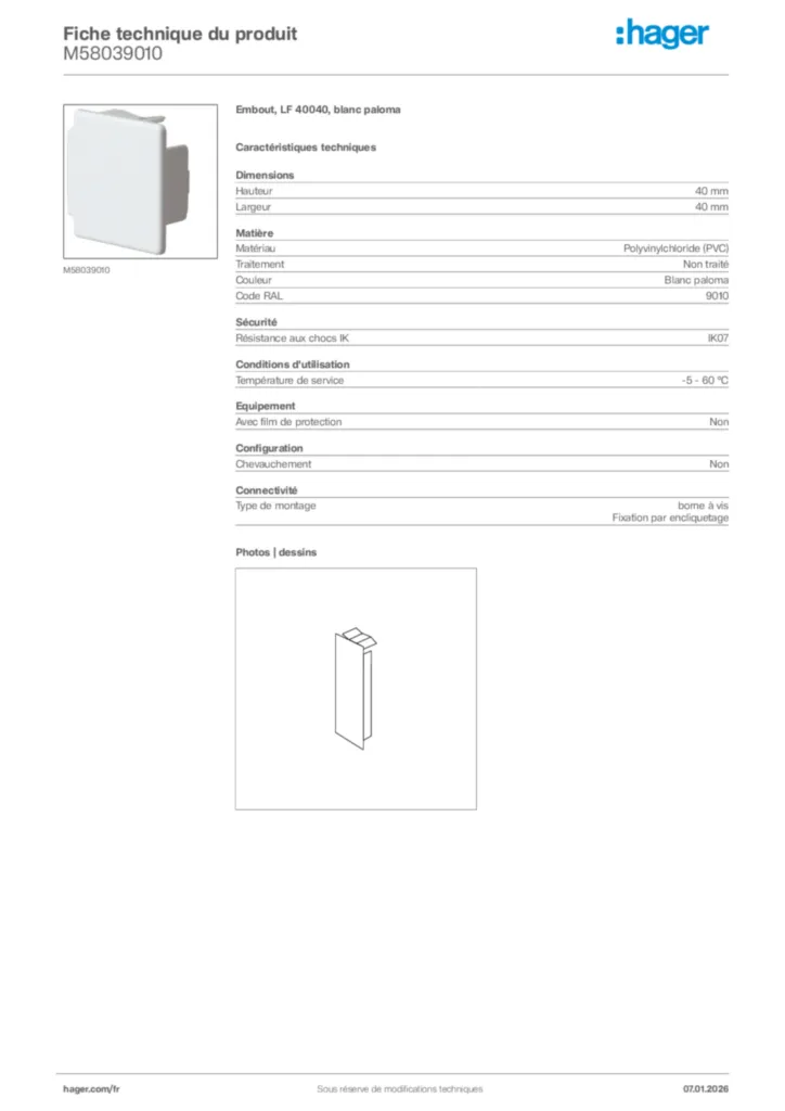 Image Hager Fiche technique du produit M58039010 | Hager France