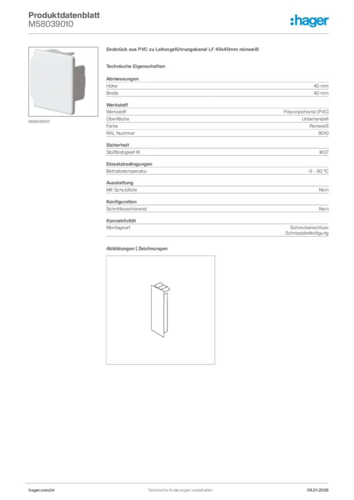 Bild Hager Produktdatenblatt M58039010 | Hager Deutschland
