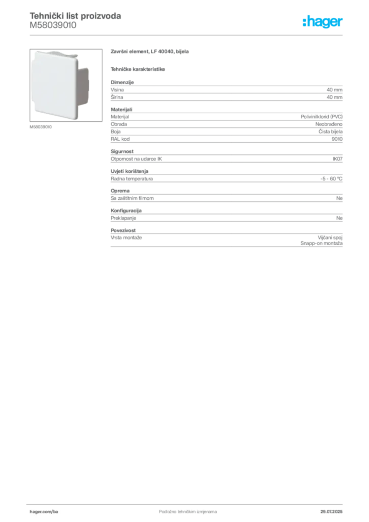 Slika Hager Product data sheet M58039010  | Hager
