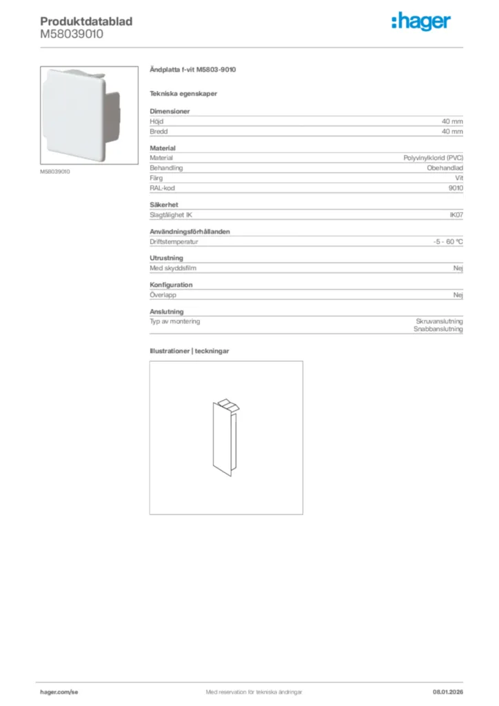 Bild Hager Produktdatablad M58039010 | Hager Sverige