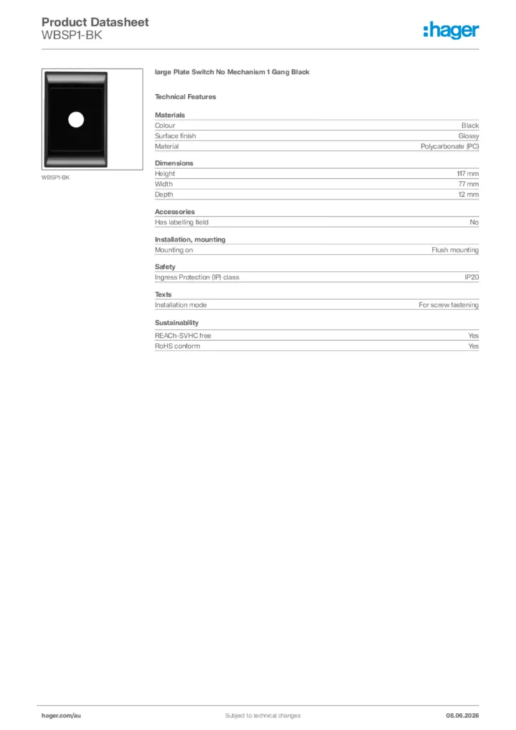 Image Hager Product data sheet WBSP1-BK  | Hager Australia