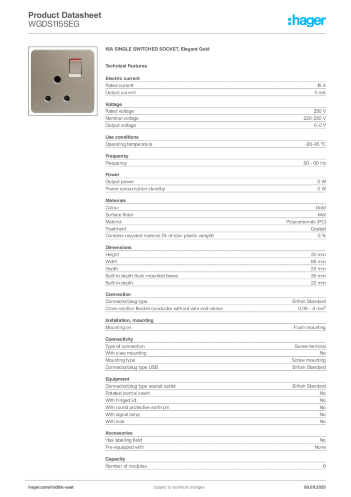 Image Hager Product data sheet WGDS115SEG  | Hager