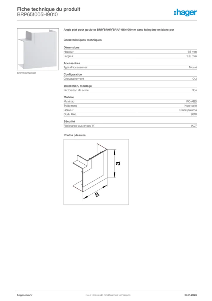 Image Hager Fiche technique du produit BRP651005H9010 | Hager France