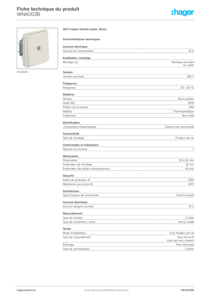 Image Hager Fiche technique du produit WNA003B | Hager Belgique