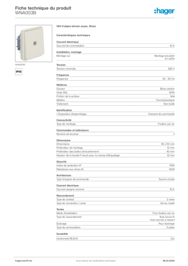 Image Hager Fiche technique du produit WNA003B | Hager Belgique