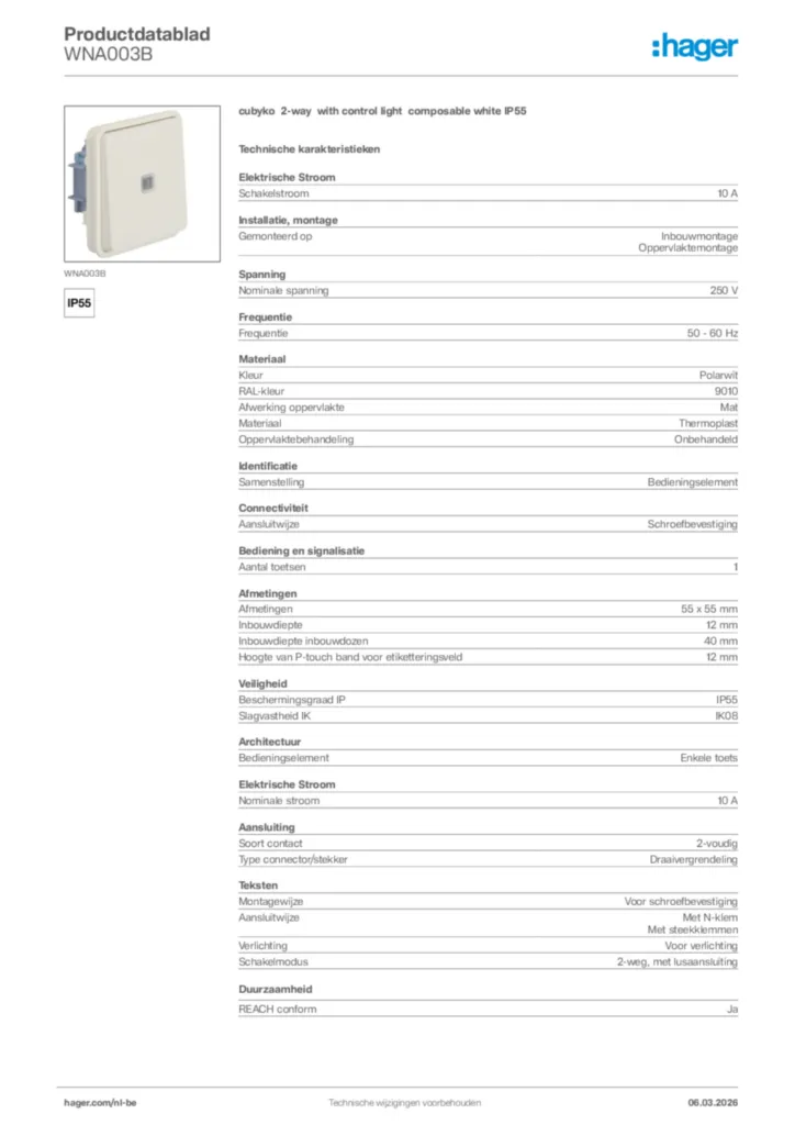 Afbeelding Hager Productdatablad WNA003B | Hager Belgium