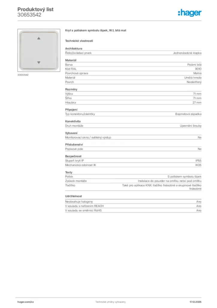 Obrázek Hager Product data sheet 30653542 | Hager