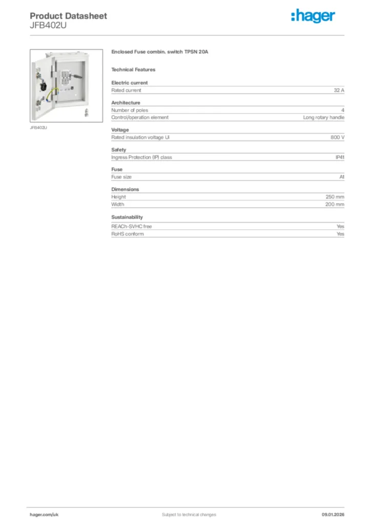 Image Hager Product data sheet JFB402U  | Hager