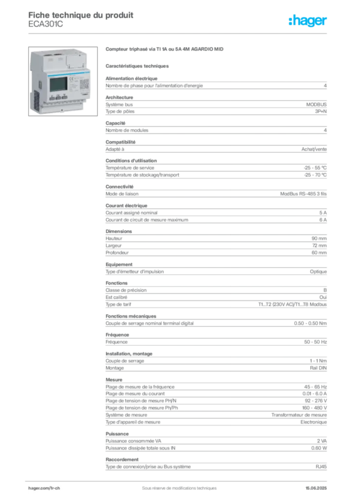 Image Hager Fiche technique du produit ECA301C | Hager Suisse