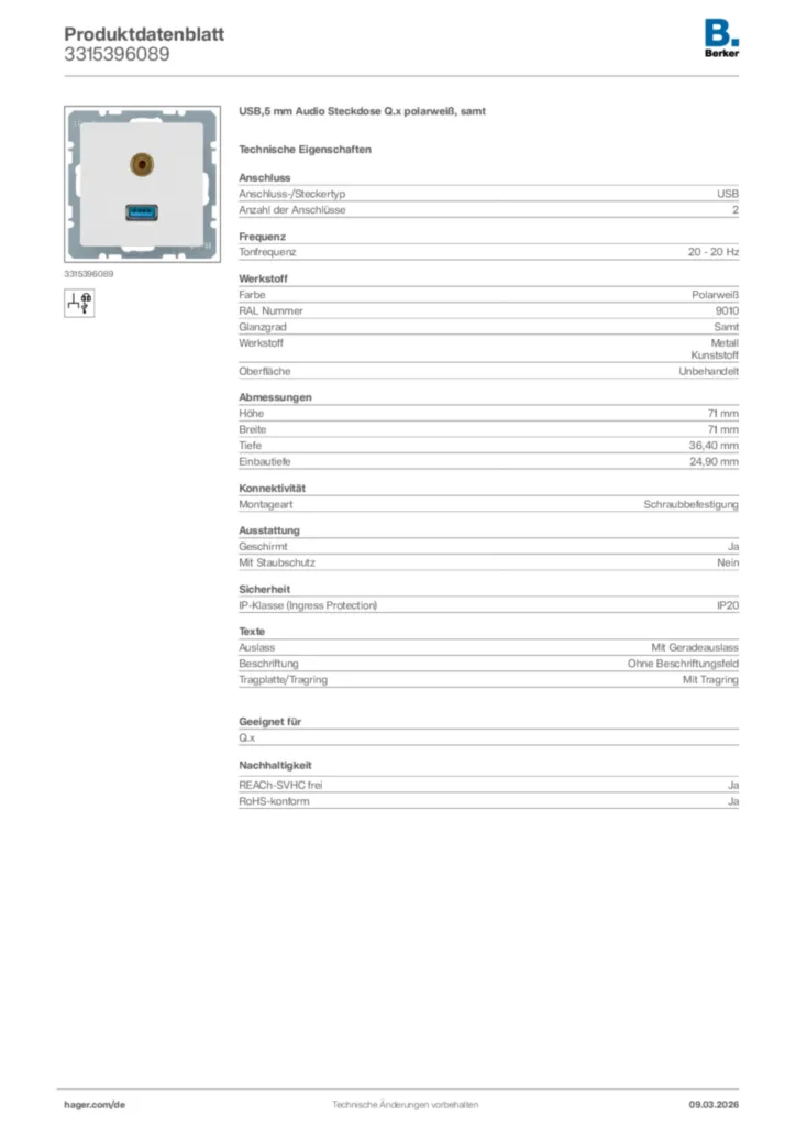 Bild Berker Produktdatenblatt 3315396089 | Hager Deutschland