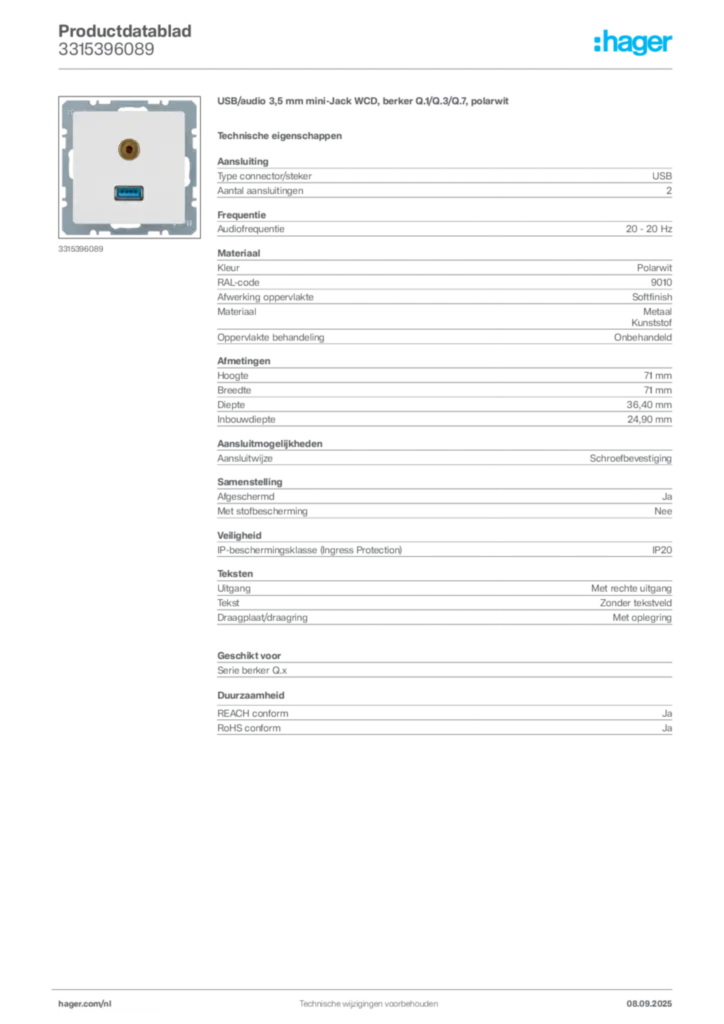 Afbeelding Hager Productdatablad 3315396089 | Hager Nederland