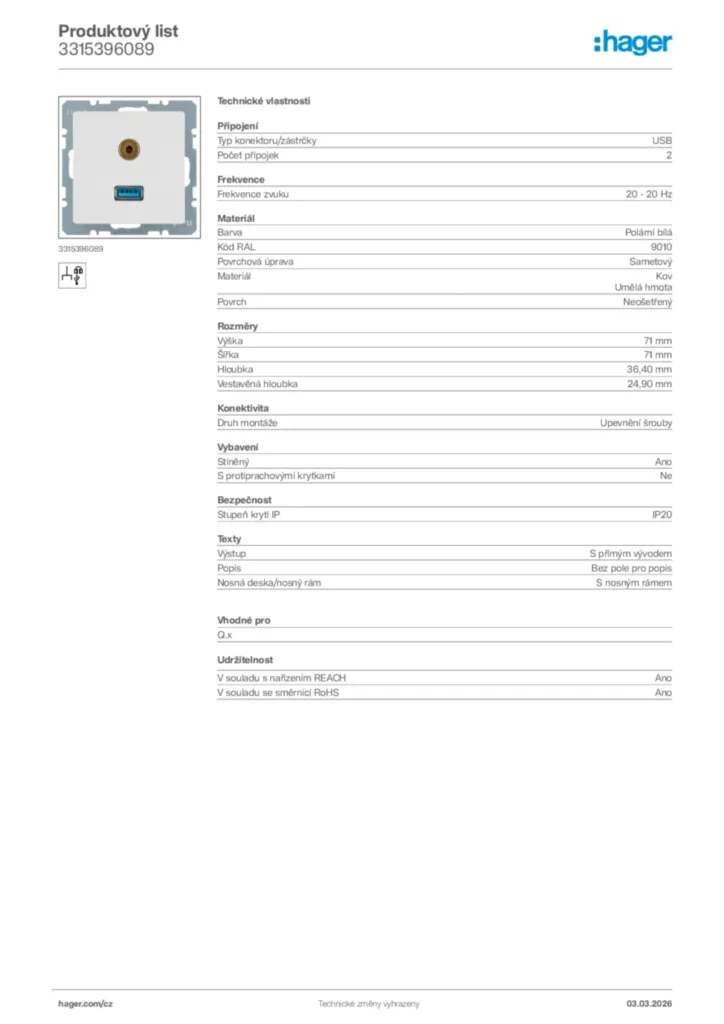 Obrázek Hager Product data sheet 3315396089 | Hager
