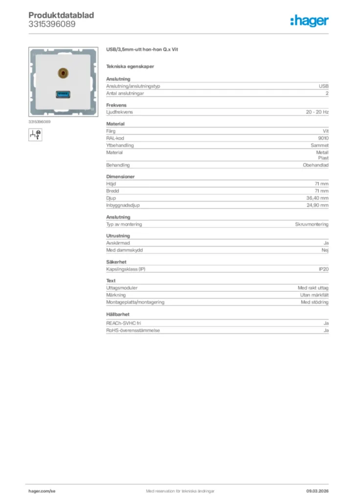 Bild Hager Produktdatablad 3315396089 | Hager Sverige