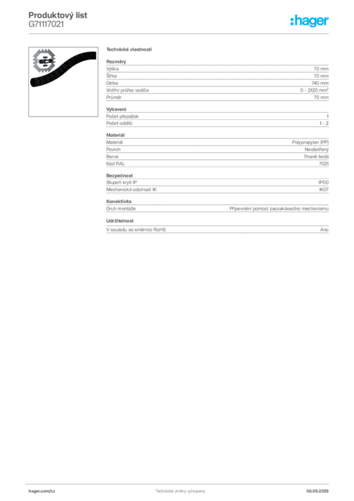 Obrázek Hager Produktový list G71117021 | Hager