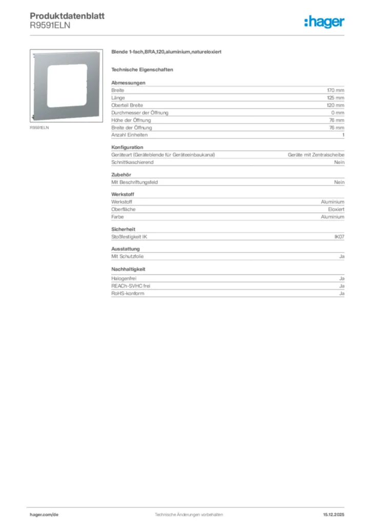 Bild Hager Produktdatenblatt R9591ELN | Hager Deutschland