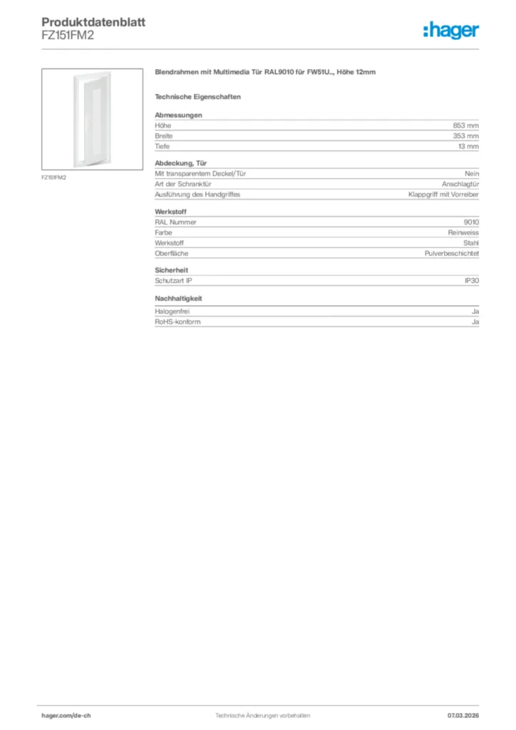 Bild Hager Produktdatenblatt FZ151FM2 | Hager Schweiz