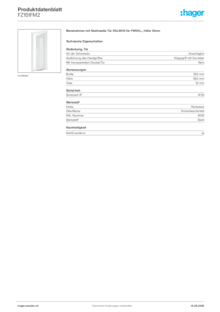 Bild Hager Produktdatenblatt FZ151FM2 | Hager Schweiz