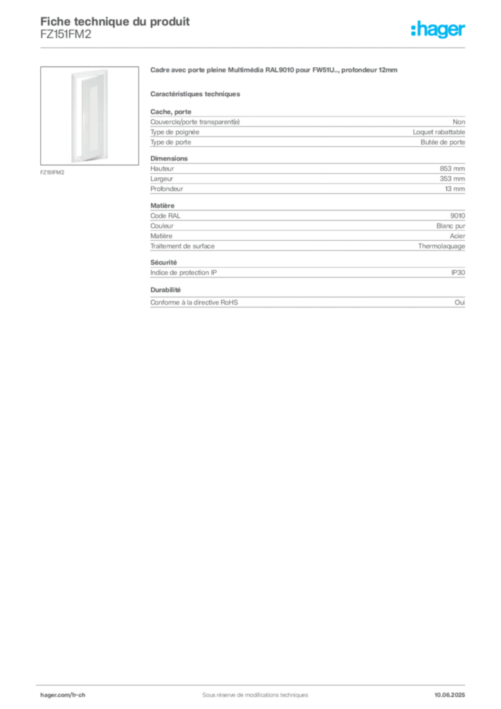 Image Hager Fiche technique du produit FZ151FM2 | Hager Suisse
