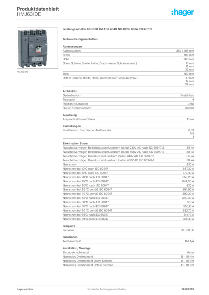 Bild Hager Produktdatenblatt HMJ631DE | Hager Deutschland