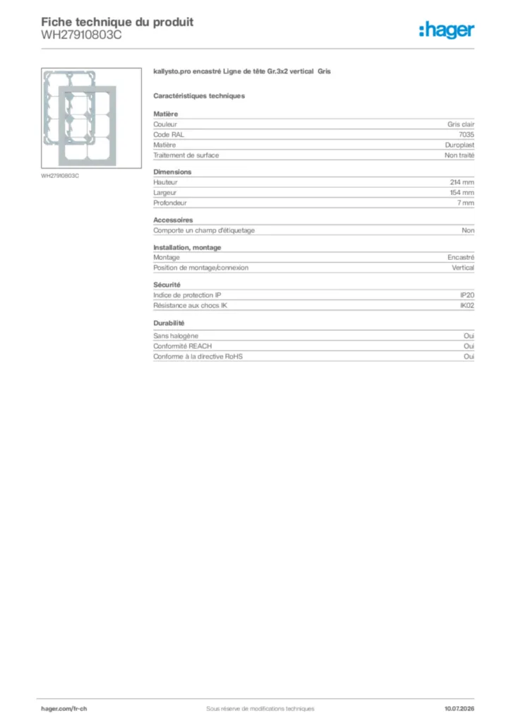 Image Hager Fiche technique du produit WH27910803C | Hager Suisse