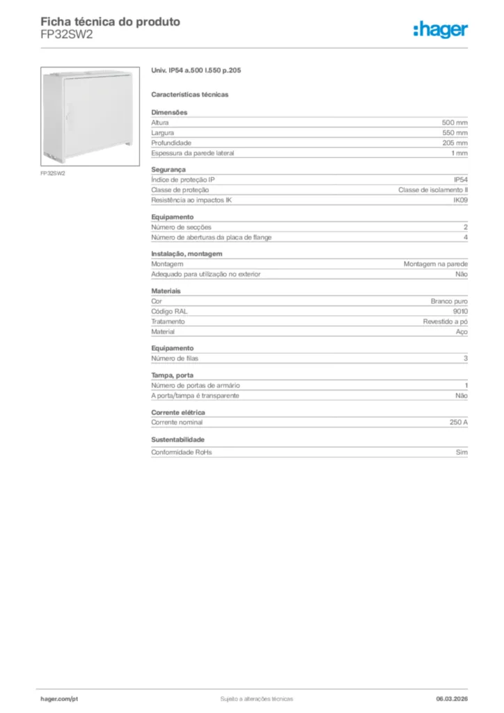 Imagem Hager Ficha técnica do produto FP32SW2 | Hager Portugal