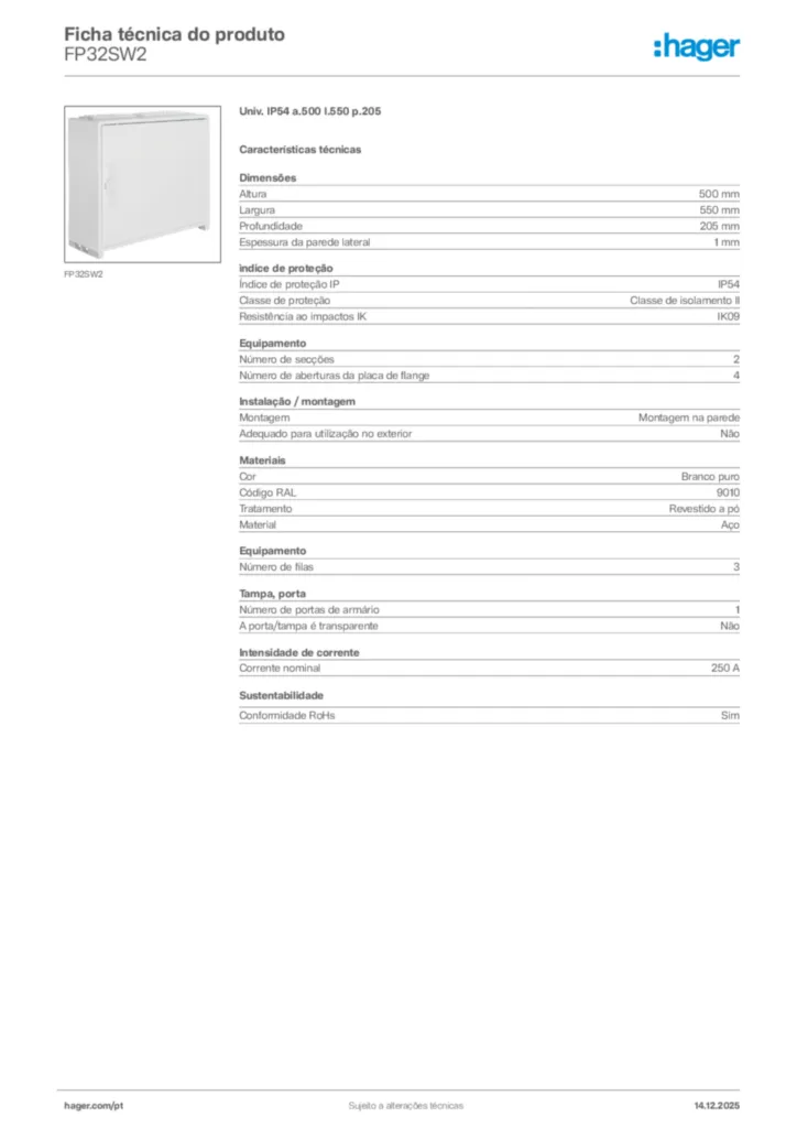 Imagem Hager Ficha técnica do produto FP32SW2 | Hager Portugal