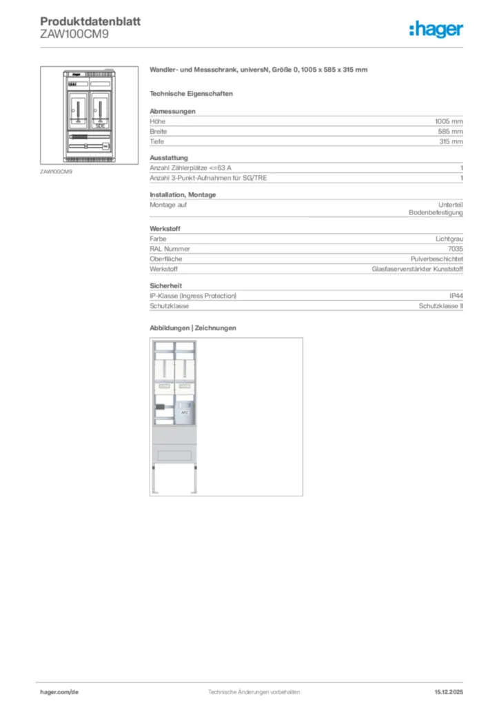 Bild Hager Produktdatenblatt ZAW100CM9 | Hager Deutschland
