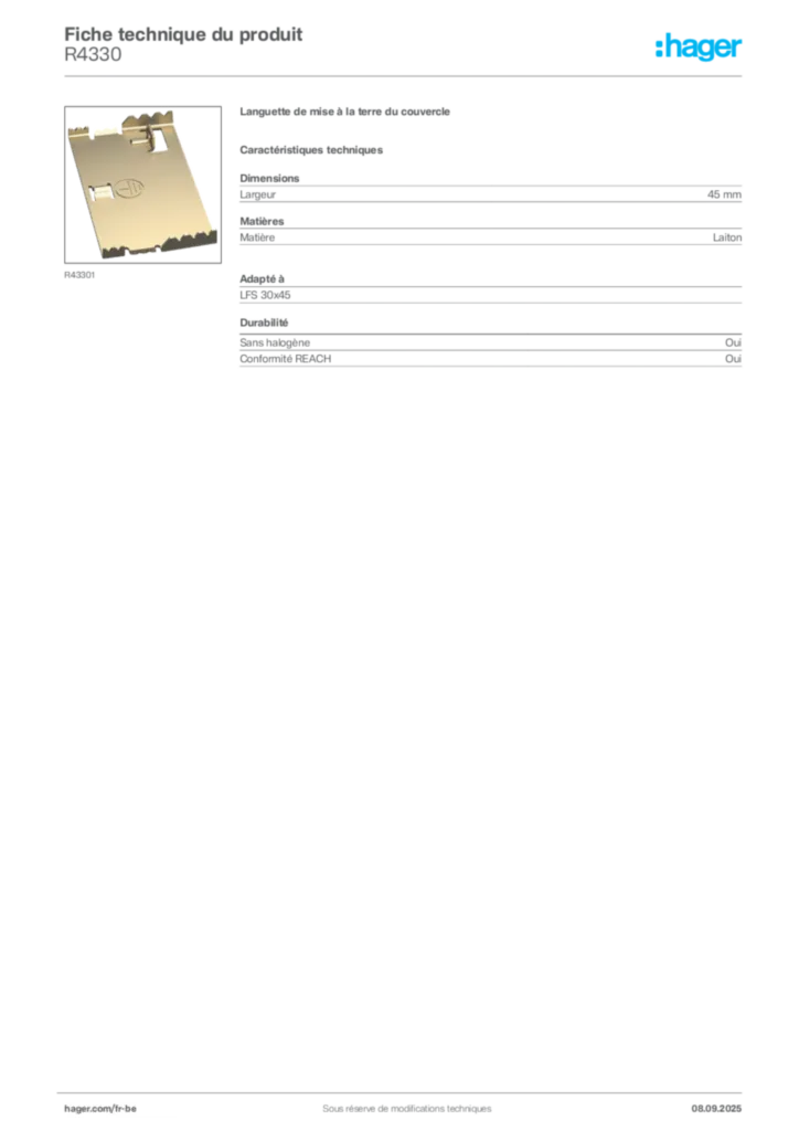 Image Hager Fiche technique du produit R4330 | Hager Belgique