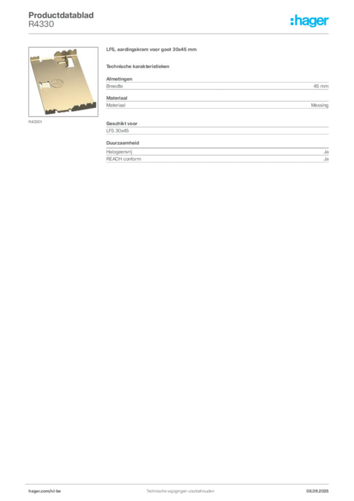 Afbeelding Hager Productdatablad R4330 | Hager Belgium