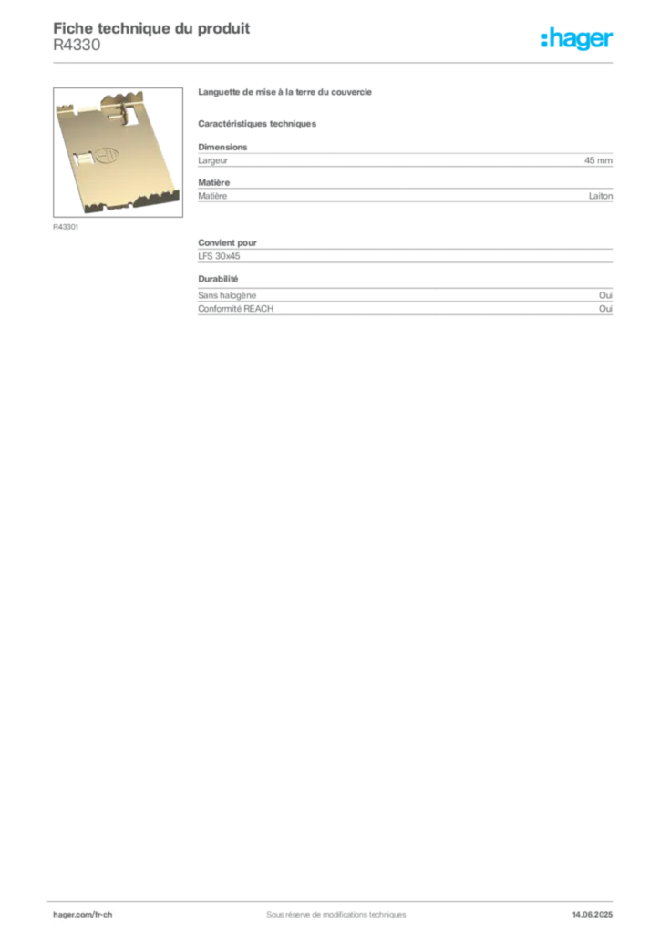 Image Hager Fiche technique du produit R4330 | Hager Suisse