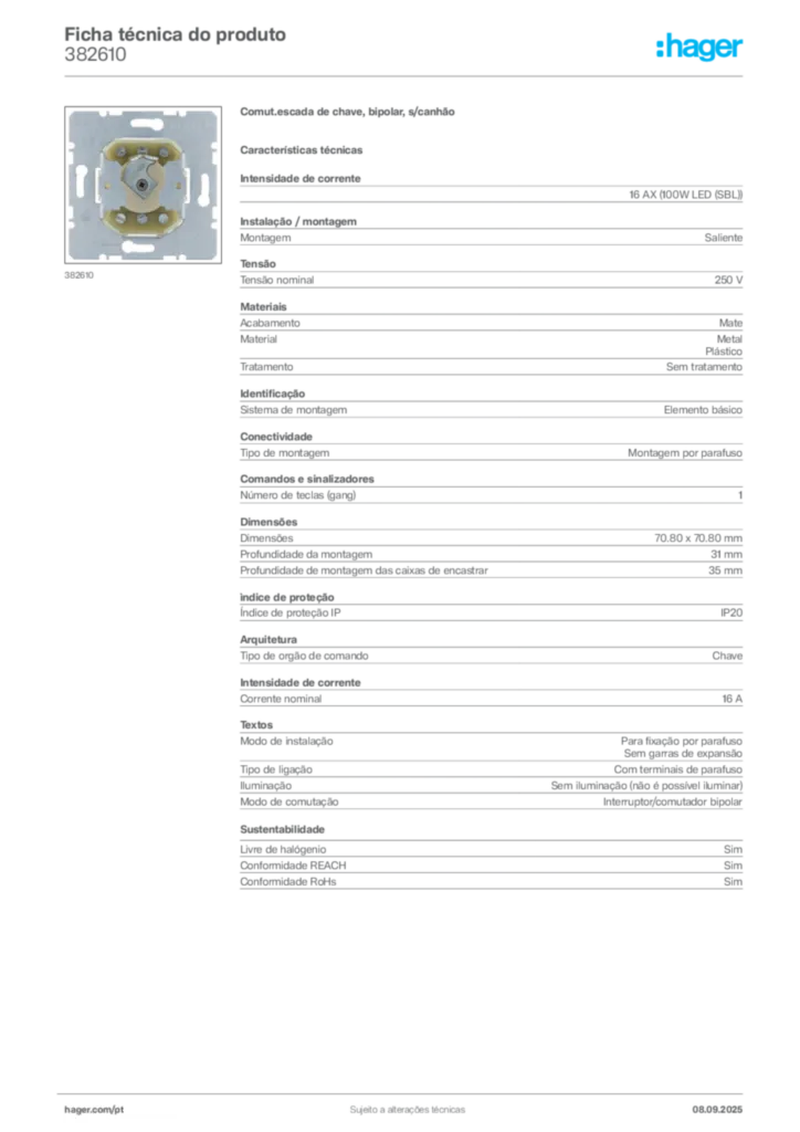 Imagem Hager Ficha técnica do produto 382610 | Hager Portugal