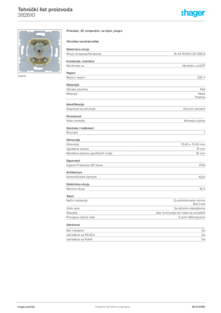Slika Hager Product data sheet 382610  | Hager