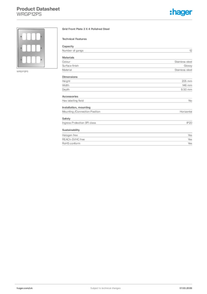 Image Hager Product data sheet WRGP12PS  | Hager