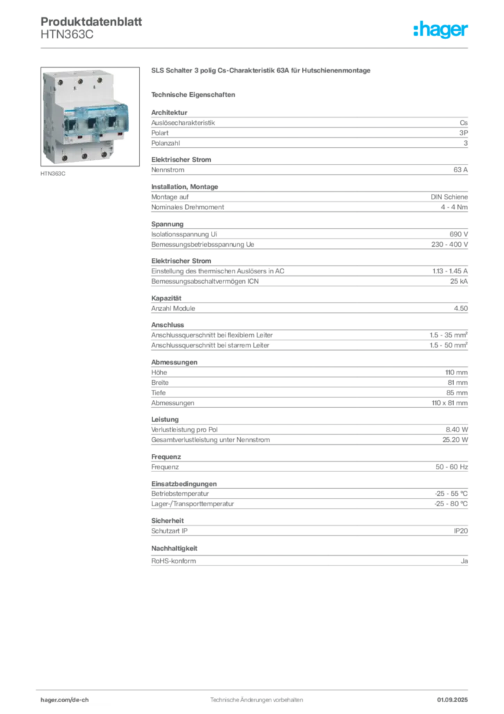 Bild Hager Produktdatenblatt HTN363C | Hager Schweiz
