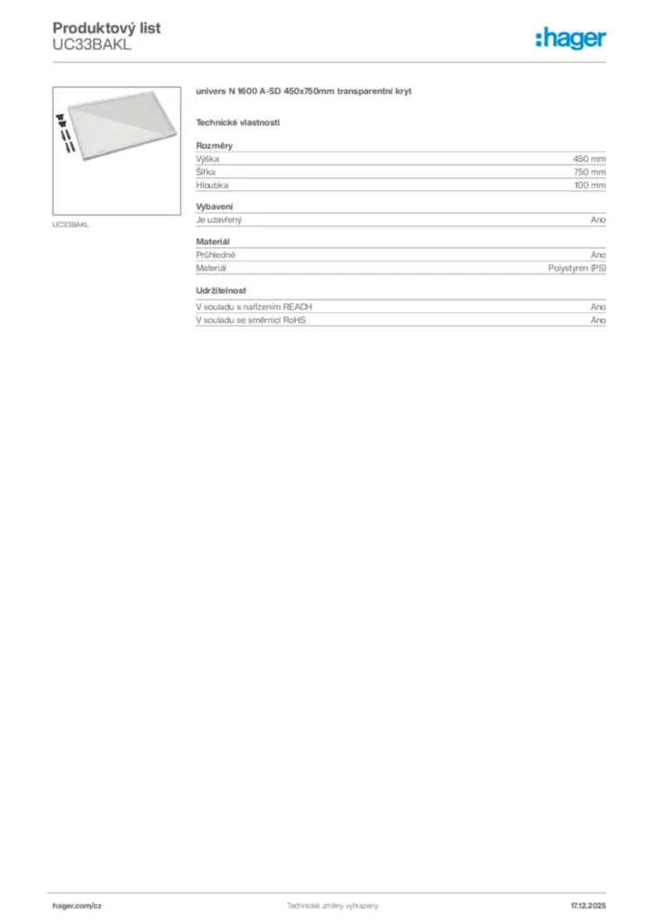 Obrázek Hager Produktový list UC33BAKL | Hager