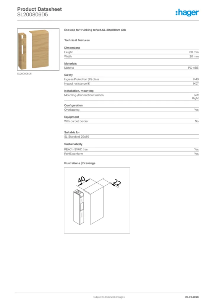Image Hager Product data sheet SL200806D5  | Hager Africa