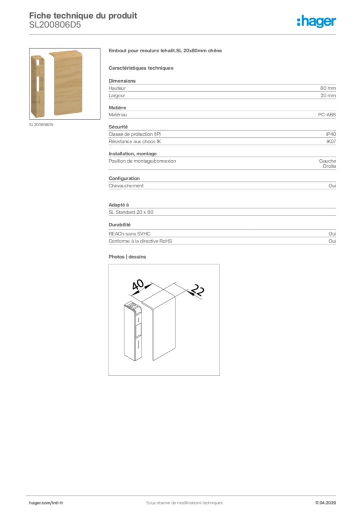 Image Hager Fiche technique du produit SL200806D5 | Hager Afrique