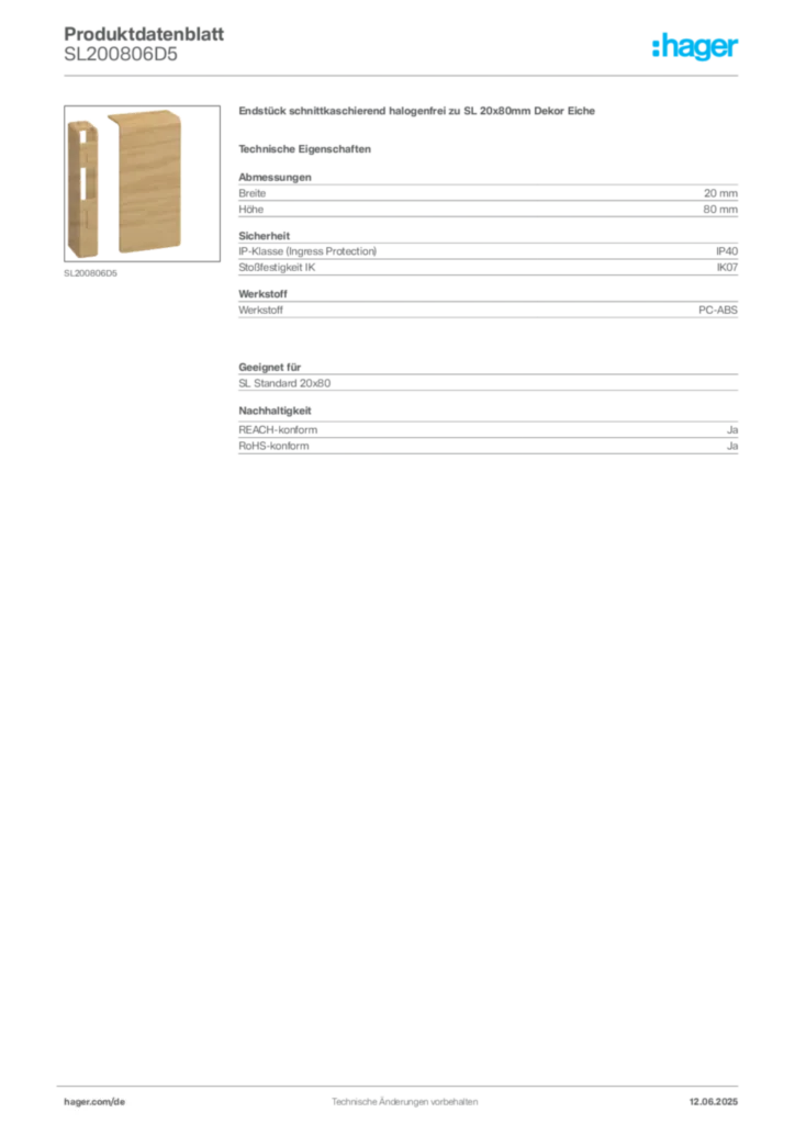 Hager Produktdatenblatt SL200806D5