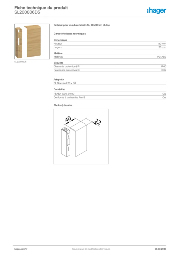 Image Hager Fiche technique du produit SL200806D5 | Hager France